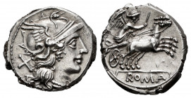 Anonymous. Denarius. 157-156 BC. Rome. (Rsc-6). (Ffc-77). (Craw-197/1). (Cal-52). Anv.: Head of Roma right, X behind. Rev.: Victory holding whip, in b...