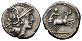 Anonymous. Denarius. 157-156 BC. Rome. (Ffc-77). (Craw-197/1). (Cal-52). Anv.: Head of Roma right, X behind. Rev.: Victory holding whip, in bigra righ...