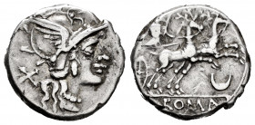 Anonymous. Denarius. 143 BC. Rome. (Ffc-82). (Craw-222/1). (Cal-57). Anv.: Head of Roma right, X behind. Rev.: Diana holding whip in biga of stags rig...
