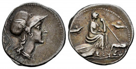 Anonymous. Denarius. 115-114 BC. Central Italy. (Ffc-83). (Craw-287/1). (Cal-58). Anv.: Head of Roma right, X behind. ROMA below. Rev.: Roma seated ri...