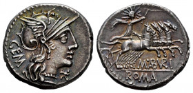 Aburius. Denarius. 132 BC. Rome. (Rsc-6). (Ffc-88). (Craw-250/1). (Cal-60). Anv.: Head of Roma right, GEM behind, X below chin. Rev.: Sol holding whip...