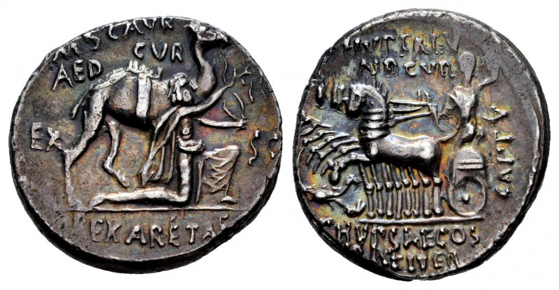 Aemilius. M Aemilius Scaurus y Pub. Plautius Hypsaeus. Denarius. 58 BC. Rome. (F...