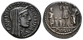 Aemilius. Paullus Aemilius Lepidus. Denarius. 62 BC. Rome. (Rsc-10). (Ffc-126). (Craw-415/1). (Cal-91). Anv.: Veiled and diademed head of Concord righ...