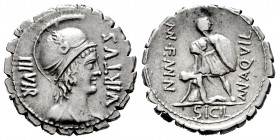 Aqullius. Manius Aquilius Mn.f.Mn.n. Denarius. 71 BC. Uncertain mint. (Rsc-2). (Ffc-167). (Craw-401/1). (Cal-230). Anv.: VIRTUS III . VIR or (IIIVIR),...