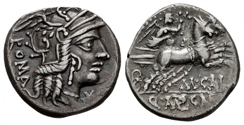 Calidius. M. Calidius, Q. Caecilius y C. Fulvius. Denarius. 117-116 BC. Norte de...
