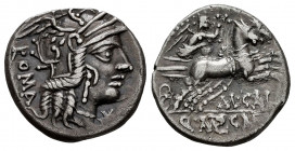 Calidius. M. Calidius, Q. Caecilius y C. Fulvius. Denarius. 117-116 BC. Norte de Italia. (Ffc-223). (Craw-284/1a). (Cal-298). Anv.: Head of Roma right...