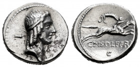 Calpurnius. C. Calpurnius Piso Frugi. Denarius. 64 BC. Rome. (Ffc-356). (Craw-no cita). (Cal-336). Anv.: Diademed head of Apolo right, Latin letter - ...