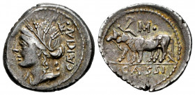Cassius. L. Cassius Caecianus. Denarius. 102 BC. Rome. (Ffc-555). (Craw-321/1). (Cal-409). Anv.: Bust of Ceres left, C/EICIAN., (AN interlace), and le...