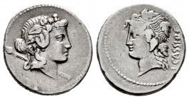 Cassius. L. Cassius Q.f. Longinus. Denarius. 78 BC. Rome. (Rsc-6). (Ffc-556). (Craw-386/1). (Cal-410). Anv.: Head of Liber or Bacchus right, thyrsus o...