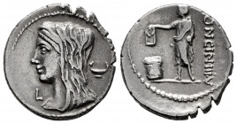 Cassius. L. Cassius Longinus. Denarius. 55 BC. Rome. (Rsc-10 var.). (Ffc-561). (Craw-413/1). (Cal-415). Anv.: Draped bust of Vesta veiled Ieft, kylix ...