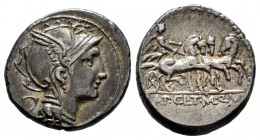 Claudia. Appius Claudius Pulcher. Denarius. 110-109 BC. Rome. (Rsc-2). (Ffc-564). (Craw-299/1a). (Cal-423). Anv.: Head of Roma right, square object be...