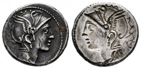 Claudia. Appius Claudius Pulcher. Incuse denarius. 110-109 BC. Rome. (Rsc-2). (Ffc-564). (Craw-299/1a). (Cal-423). Anv.: Head of Roma right, square ob...