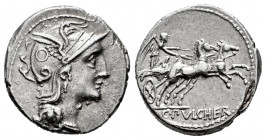 Claudia. C. Claudius Pulcher. Denarius. 110-109 BC. Rome. (Rsc-1). (Ffc-565). (Craw-300/1). (Cal-424). Anv.: Head of Roma right. Rev.: Victory in biga...