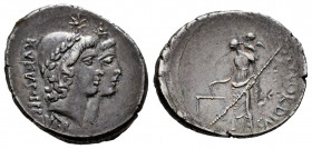 Cordius. Manius Cordius Rufus. Denarius. 46 BC. Rome. (Rsc-2a). (Ffc-605). (Craw-463/1b). (Cal-468). Anv.: Conjoined heads of the Dioscuri right, each...