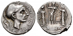 Cornelius. Cnaeus Cornelius Blasio. Denarius. 151 BC. Rome. (Ffc-608). (Craw-296/1v). (Cal-469). Anv.: Helmeted head right, (Scipio Africanus the Elde...