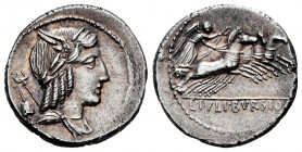 Julius. L. Julius Bursio. Denarius. 85 BC. Auxiliary mint of Rome. (Rsc-5). (Ffc-767). (Craw-352/1a). (Cal-634). Anv.: Bust of Genius (or Apollo Vejov...
