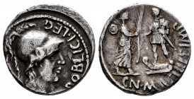 Pompeius Magnus. Cn. Pompeius Magnus y M. Poblicius. Denarius. 46-45 BC. Hispania. (Ffc-3). (Craw-469/e). (Cal-1147). Anv.: (M). POBLICI. LEO. PRO. PR...