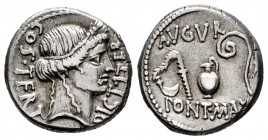 Julius Caesar. Denarius. 46 BC. Africa. (Rsc-4). (Ffc-2). (Craw-467/1b). (Cal-648). Anv.: COS. TERT. DICT. ITER., head of Ceres right. Rev.: AVGVR. ab...