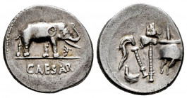 Julius Caesar. Denarius. 54-51 BC. Galia. (Ffc-53). (Craw-443/1). (Rsc-49). Anv.: Elephant right, treading on serpent, CAESAR in exergue. Rev.: Simpul...