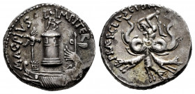 Sextus Pompeius. Denarius. 42-40 BC. Sicilia. (Ffc-6). (Craw-511/4a). (Sydenham-1164). Anv.: MAG. PIVS IMP. ITER., the Pharos of Messana by figure of ...