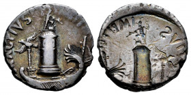 Sextus Pompeius. Incuse denarius. 42-40 BC. Sicilia. (Ffc-6). (Craw-511/4a). (Cal-1164). Anv.: MAG. PIVS (IMP. ITER)., the Pharos of Messana by figure...