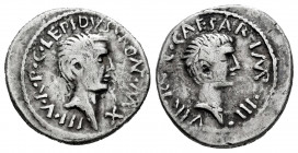 Lepidus and Octavian (Agustus). Denarius. 42 BC. Galia. (Ffc-5). (Craw-495/2a). (Sydenham-111). Anv.: LEPIDVS PONT. MAX. lll V.R.P.C., (NT and MA inte...