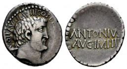 Mark Antony. Denarius. 33 BC. Mint moving. (Rsc-2). (Ffc-6). (Craw-542/2). (Cal-175). Anv.: ANTON. AVG. IMP. III. COS. DE(S. lll. V. R.P.C.), head of ...