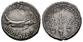 Mark Antony. Denarius. 32-31 BC. Uncertain mint. (Ffc-9). (Craw-544/12). (Cal-177). Anv.: ANT. AVG. lll. VIR. R.P.C. praetorian galley right. Rev.: CH...