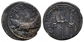 Mark Antony. Denarius. 32-31 BC. Uncertain mint. (Ffc-10). (Craw-544/8). (Cal-176). Anv.: ANT. AVG. lll. VIR. R.P.C. praetorian galley right. Rev.: CH...