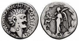 Mark Antony. Denarius. 31 a.C. Mint moving. (Rsc-81). (Craw-545/1). Anv.: M ANTONINVS AVG IMP IIII COS TER III VIR RPC. Cabeza desnuda a derecha. Rev....