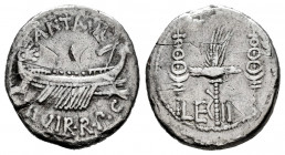 Mark Antony. Denarius. 32-31 BC. Mint moving. (Rsc-27). (Ffc-32). (Craw-544). (Cal-179). Anv.: ANT. AVG. III. VIR. R.P.C. praetorian galley right. Rev...