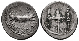 Mark Antony. Denarius. 32-31 BC. Mint moving. (Ffc-38). (Craw-544/20). (Cal-185). Anv.: AN(T. AVG). III. VIR. R.P.C. praetorian galley right. Rev.: LE...