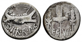 Mark Antony. Denarius. 32-31 BC. Mint moving. (Ffc-39). (Craw-544/21). (Cal-186). Anv.: ANT. AVG). III. VIR. R.P.C. praetorian galley right. Rev.: LEG...