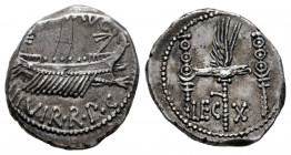 Mark Antony. Denarius. 32-31 BC. Mint moving. (Ffc-43). (Craw-544/24). (Cal-190). Anv.: (ANT). AVG. III. VIR. R.P.C. praetorian galley right. Rev.: LE...