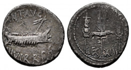 Mark Antony. Denarius. 32-31 BC. Mint moving. (Ffc-47). (Craw-544/27). (Cal-194). Anv.: ANT. AVG. III. VIR. R.P.C. praetorian galley right. Rev.: LEG....