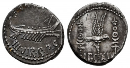 Mark Antony. Denarius. 32-31 BC. Mint moving. (Ffc-49). (Craw-544/29). (Cal-196). Anv.: AN(T. AVG. III. VIR. R.P.C). praetorian galley right. Rev.: LE...
