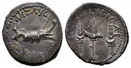 Mark Antony. Denarius. 32-31 BC. Mint moving. (Ffc-56). (Craw-544/11). (Cal-204). Anv.: ANT. AVG. III. VIR. R.P.C. praetorian galley right. Rev.: LEG....