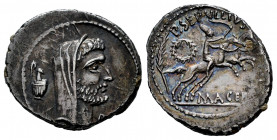 Mark Antony. P. Sepullius Macer. Denarius. 44 BC. Rome. (Ffc-71). (Craw-480/22). (Cal-1270). Anv.: His veiled and bearded head right, between vase and...