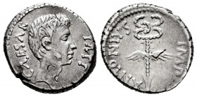 Augustus. Octavian and Mark Antony. Denarius. 39 BC. Mint moving. (Rsc-6a). (Ffc-7). (Craw-529/2c). (Cal-664). Anv.: CAESAR IMP, bare head of Octavian...