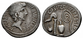 Augustus. Denarius. 37 BC. Mint moving. (Rsc-91). (Ffc-74). (Craw-538/1). (Rsc-91). Anv.: IMP. CAESAR DIVI. F. III. VIR. ITER. R.P.C., bare head of Oc...