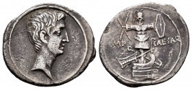 Augustus. Denarius. 29-27 BC. (Ffc-93). (Ric-265a). (Cal-697). Anv.: Bare head of Augustus right. Rev.: IMP. - CAESAR divided by a naval and military ...