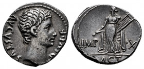 Augustus. Denarius. 15-13 BC. Lugdunum. (Ffc-113). (Ric-171a). (Rsc-144). Anv.: AVGVSTVS DIVI. F bare head of Augustus right. Rev.: IMP. - X., Apollo ...
