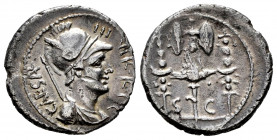 Augustus. Denarius. 42 BC. Lugdunum. (Rsc-248). (Ffc-171). (Ric-497/3). (Cal-657). Anv.: CAESAR III. VIR. R.P.C. draped bust of Mars right, spear behi...