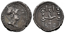 Augustus. Denarius. 42 BC. Lugdunum. (Ffc-172). (Ric-497/3). (Cal-657a). Anv.: CAESAR III. VIR. R.P.C. daped bust of Mars right, spear behind. (Head s...