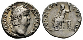Nero. Denarius. 64-65 AD. Rome. (Ric-53). (Rsc-119). Anv.: NERO CAESAR AVGVSTVS, laureate head right . Rev.: IVPPITER CVSTOS, Jupiter seated left on t...