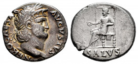 Nero. Denarius. 65-66 AD. Rome. (Ric-60). (Rsc-314). Anv.: NERO CAESAR AVGVSTVS, laureate head to right. Rev.: Salus seated to left on throne, holding...