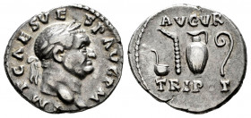Vespasian. Denarius. 71 AD. Rome. (Ric-43). (Rsc-43). Anv.: IMP CAES VESP AVG P M, laureate head right . Rev.: Priestly implements, AVGVR above, TRI P...