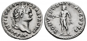 Titus. Denarius. 79-80 AD. Rome. (Ric-89). (Bmcre-106). (C-25). Anv.: IMP TITVS CAES VESPASIAN AVG P M• Laureate head to right. Rev.: BONVS EVENTVS AV...