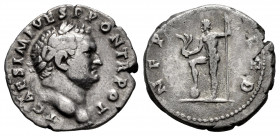 Titus. Denarius. 72 AD. Rome. (Ric-II 1.366). (Bmcre-80). (Rsc-121). Anv.: T CAES IMP VESP PON TR POT, laureate head to right. Rev.: NEP RED, Neptune ...