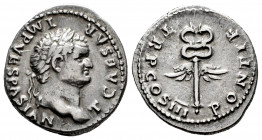 Titus. Denarius. 74 AD. Rome. (Ric-706 Vespasiano). (Rsc-160). Anv.: T CAESAR IMP VESPASIAN, laureate head right. Rev.: PONTIF TR P COS III, winged ca...